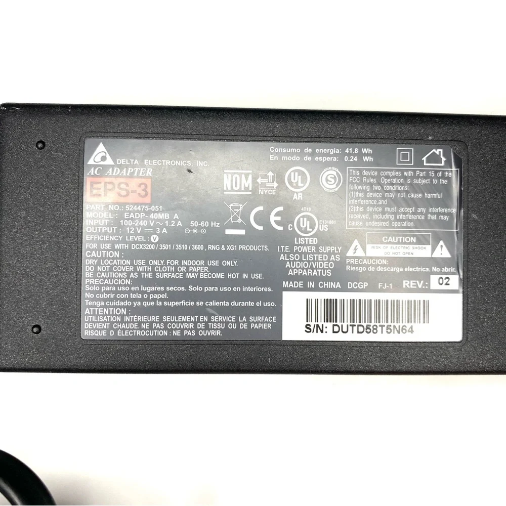 Delta Electronics AC Adapter EPS-3 Model EADP-40MB A P/N 524475-051 12V 3A